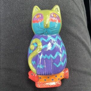 Laurel Burch Colorful Cat and fish magnet flower vase Figurine 4 inch